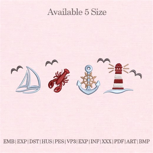 Nautical Embroidery Design Bundle, Sailboat Anchor Lighthouse Lobster Embroidery File, Coastal Summer Machine Embroidery - Etsy