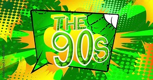 The 90s. Motion poster. 4k animated Comic book word text moving on abstract comics background. Retro pop art style.