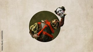 Stop motion, animation. Creepy portrait of headless royal person in vintage suit holding head on hand. Contemporary art. Concept of Halloween, party, celebration, surrealism, imagination, fantasy.