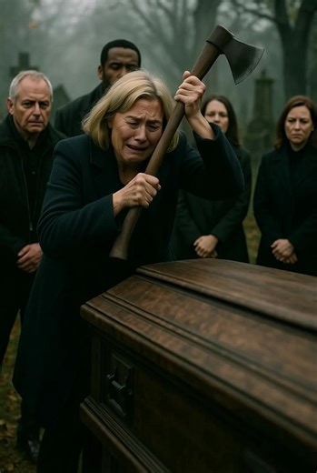 The funeral turned into chaos after the mother attacked the coffin with an axe: the horrifying discovery changed everything The cemetery was gray that morning. Clouds hung heavy, like the sky itself was mourning. Mourners shuffled in silence, their black coats forming a river of grief. A priest whispered prayers. The coffin—dark mahogany, polished—stood like a final punctuation mark to a story everyone thought had ended. Everyone… except Elena. She stood apart, a striking figure in a bright blue