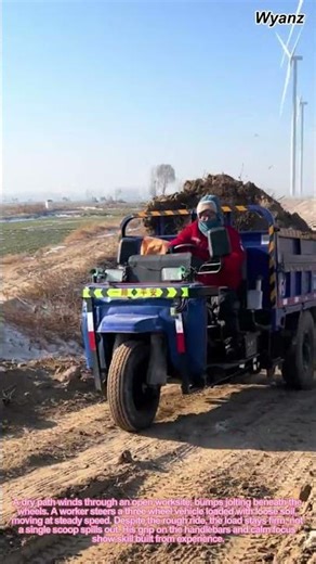 Truck driving skills worker transports soil on bumpy road without spill