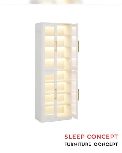 Bookcase With Doors And LED Lighting, 8 Adjustable Shelves Storage Cabinet