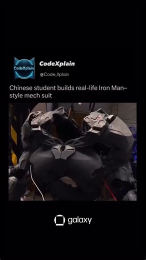 CodeXplain on Instagram: "In Chongqing, a university student has engineered a full-scale wearable mech suit that looks straight out of a sci-fi movie. Built entirely by hand, the suit can move, open, and close automatically using a network of actuators and mechanical linkages. It is powered by an onboard control system and includes an AI-assisted voice interface that allows basic commands and coordinated movement. The result is a functional exosuit that blends robotics, design, and innovation in