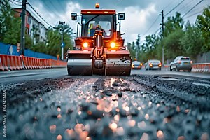 Asphlat road under construction. Working rollers riding on road, pressing on asphalt, Road Construction Machine.