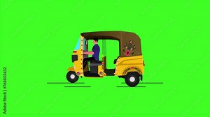 Green screen animation of an auto-rickshaw. a man driving tuk tuk