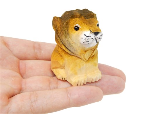 Hand-carved Wooden Lion Figurine: Miniature Big Cat Sculpture Wildlife Home Décor - Etsy