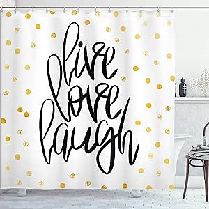 Ambesonne Live Laugh Love Shower Curtain, Hand Lettering on Dotted Backdrop Inspirational Phrase, Cloth Fabric Bathroom Decor Set with Hooks, 69" W x 70" L, Black White Yellow