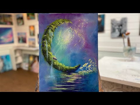 How To Paint “COTTAGE ON THE MOON” 🌙 step by step painting tutorial ~ acrylic #fantasy