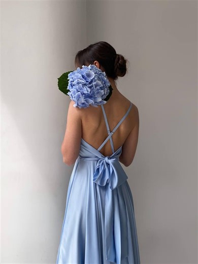 Sky Blue Silky Midi Dress, Open Back Prom Dress, Light Blue Bridesmaid Gown, Corset Wedding Guest Outfit, Flowy Party Strap - Etsy UK