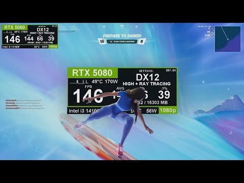 Fortnite: RTX 5080 + i3 14100F fps test - HIGH + Ray Tracing fps test TSR HIGH