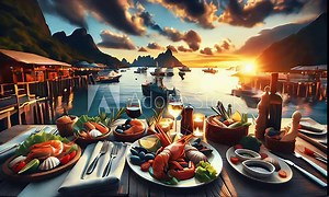 Photo real as Harbor Haven Sunset Seafood Soiree concept as Enjoy a seafood soiree at a harbor haven with sunset views where fresh catches salty sea air and maritime charm create an unforgettable dini