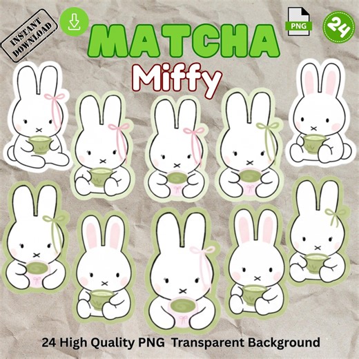 Matcha Miffy PNG, Digital Stickers Bundle | Kawaii Bunny Clipart | Instant Download - Etsy