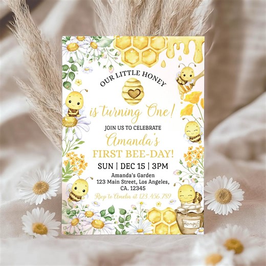 Bumble Bee Birthday Invitation | 1st Bee Day Party Invite | Editable Bee Themed Birthday Invitation | Printable Instant Download | H003 - Etsy UK