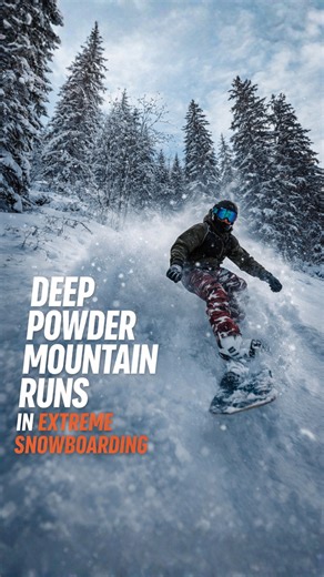 Deep powder mountain runs in extreme snowboarding