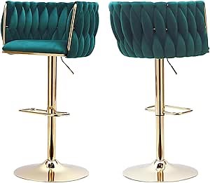 Green Velvet Bar Stools Set of 2 - Modern Adjustable Swivel Counter Height Chairs with Woven Back, Gold Metal Leg & Base Bar Chair for Kitchen Island, Dining, Cafe, Pub