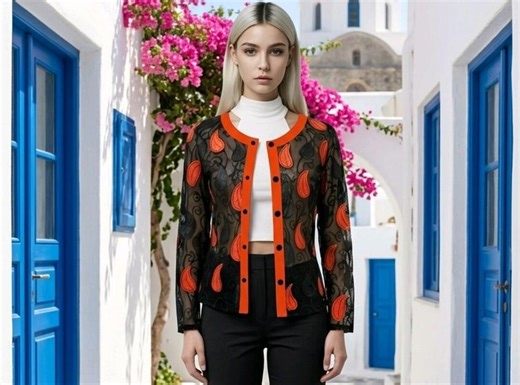 Sheer Womens Blouse Top Shirt Jacket Outfit Handmade Leather Leaf Pattern Lightweight