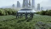 funny aliens dancing in the meadow near the UFO spaceship. Realistic...