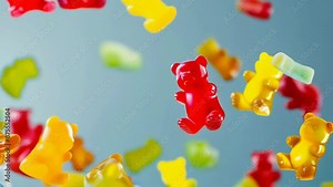 A close-up of colorful gummy bears floating in mid-air against a gray background. The image captures various gummy bears in vibrant colors like red, yellow, orange, and green. They appear weightless