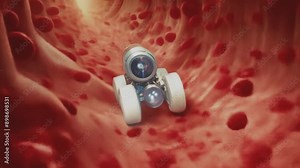 Futuristic nanobot travelling thorough human vein with red blood cells visible. 3D cinematic animation style. Nanotechnology, nanobots, future of medicine, surgery robot, microbot concept.