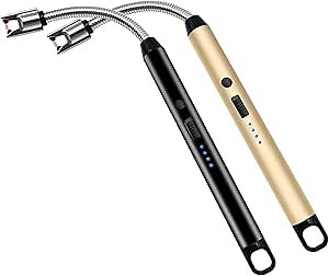 2 Pack Electric Arc Lighter, Rechargeable, Flexible Neck, Long Lighter, Rotates 360, Plasma, USB, Flameless, Black & Gold, Modern