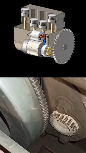 Engine starter motor engaging flywheel ring gear to crank a multi-cylinder internal combustion engine. | Mechanical Engineering