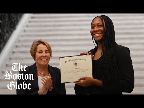 WNBA player Aliyah Boston of Worcester is honored by Gov. Maura Healey at the State House