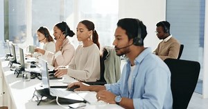 Business people, team and call center office for customer support, e commerce communication and virtual chat. Professional agency, coworking and consultant on computer, speaking and online advice
