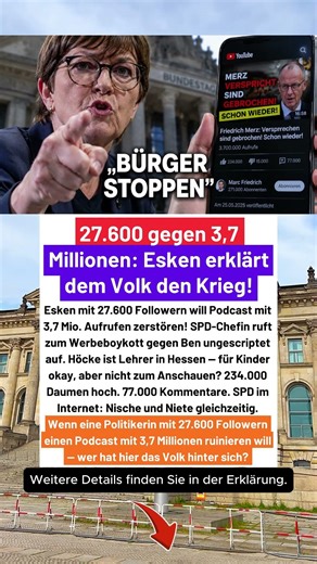 Esken 27.600 Follower will Podcast mit 3,7 Millionen zerstören! #deutschland #merz #breaking