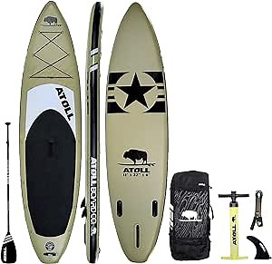 Atoll 11' Feet Inflatable Stand Up Paddle Board (6 Inches Thick, 32 inches Wide) ISUP, Bravo Hand Pump and 3 Piece Paddle, Travel Backpack and Accessories New Leash Included (Desert Sand with Star)