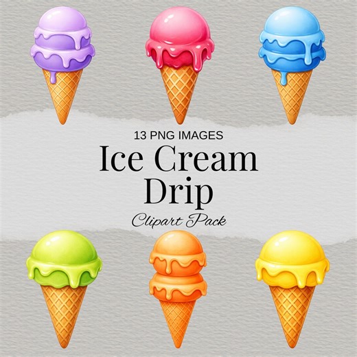 Ice Cream Drip Clipart, Melting Dessert Designs, Colorful Ice Cream Cone Pngs, Kawaii Sweet Treat Graphics - Etsy