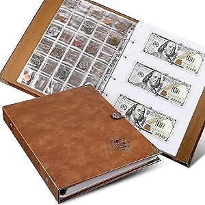 Zonon Currency Album Coin Collecting Book Holder with 150 Coin Pockets and 240 Paper Currency Pockets, PU Leather Album Collection Book Penny Storage(Brown)