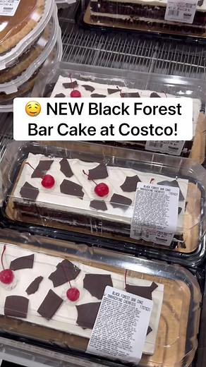 🤤 NEW Black Forest Bar Cake at Costco! This chocolate cake is made with a delicious cherry filling, maraschino cherries, whipped cream, and chocolate shavings! 😋 ($17.99) #costco #barcake #cake