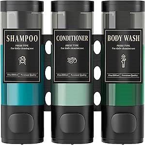 Luxspire Shampoo and Conditioner Dispenser, No Drill Wall Mounted Shower Soap Dispenser 3 Chamber with Waterproof Labels, Easy Refill Soap Dispenser for Bathroom Hotel Kitchen, Black