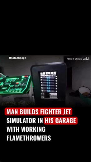 Tech Page on Instagram: "A man converted his garage into a homemade fighter-jet simulator complete with a cockpit replica, instrument panels, active controls, and even working flamethrower effects for realism. The build shows impressive hands-on engineering: woodworking, wiring, custom software/hardware integration and theatrical pyrotechnics to mimic afterburners. But it’s also dangerous and legally risky, live flames, high-voltage wiring and pressured fuel setups can cause fires, injuries, or 