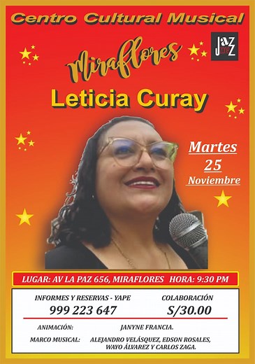 Queridos socios y amigos; Este martes, el Centro Cultural Musical Miraflores se llena de sentimiento con la presentación de: ✨️LETICIA CURAY✨️ Una de las voces más sensibles y auténticas de la música criolla contemporánea. Reconocida por su estilo elegante y su interpretación profundamente emotiva, Leticia cautiva al público con la fuerza de su voz y la calidez de su presencia escénica. Con un repertorio que celebra nuestras tradiciones — desde valses que llegan al alma hasta festejos llenos de 
