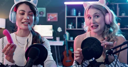 Woman, dildo and livestream for social media, video and advice for online app or network. Influencer, gen z and microphone for production, website and internet technology for film or broadcast