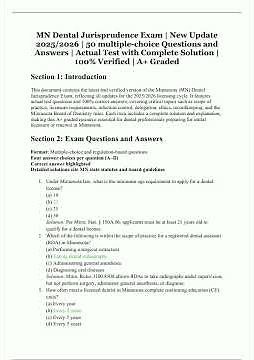 MN Dental Jurisprudence Exam New 20252026 Update 50 MultipleChoice Questions and Answers Actual Test