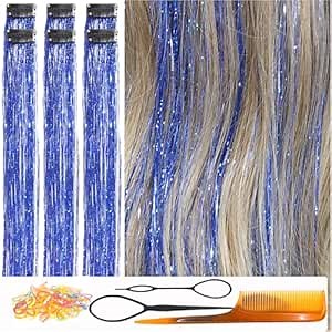 Celinebella Royal Blue Clip in Hair Tinsel 6Pcs Heat Resistant Bright Hair Extensions for Women Teens Daily Sports Events 4th of July Party Festival Gift