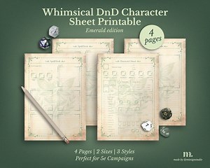 DnD 5e character sheet printable Emerald Edition | 4 page fantasy RPG journal | A4 and US Letter PDF | tabletop roleplaying character set