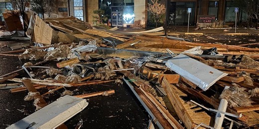 Strong winds damage clinic roof in The Dalles