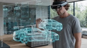 Man interacts with a holographic car display using augmented reality technology in a modern setting.