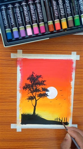 Easy Sunset Scenery Drawing 🖌️🎨OiL Pastel#art #artshorts