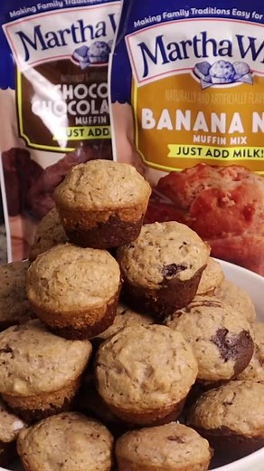 @marthawhite We absolutely devoured these chocolate chip and banana nut mini muffins! You will need: 1 bag of Martha White Chocolate Chocolate Chip Muffin Mix 1 bag of Martha White Banana Nut Muffin Mix 1 cup of milk (divided) non stick cooking spray Spray a mini muffin tin with nonstick spray. Mix the chocolate chocolate chip muffin mix with 1/2 cup of milk and divide evenly between 24 mini muffins. Repeat with banana nut for and layer on top of chocolate muffin mix. Bake at 350 degrees for 14
