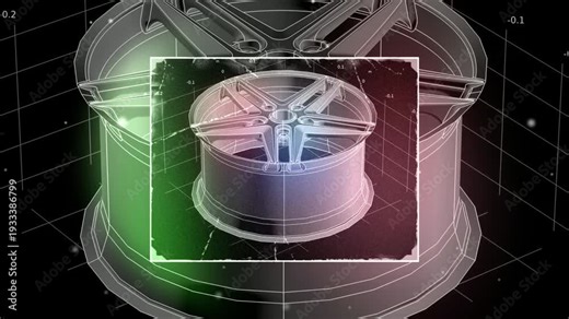 Video animation of car wheel disc. Computer 3d modeling, investigation of parameters of steel mechanical part using computer-aided design system. Animated motion effect, screensaver. Technic drawing.