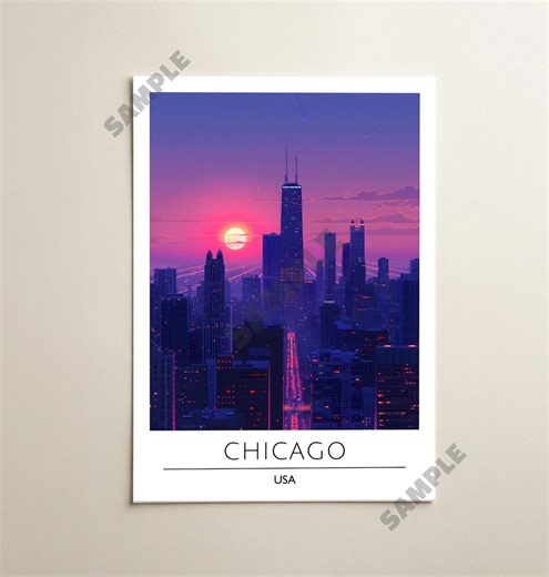 Chicago USA Travel Poster, City Map, City Poster, Sunset Cityscape, Wall Art - Etsy