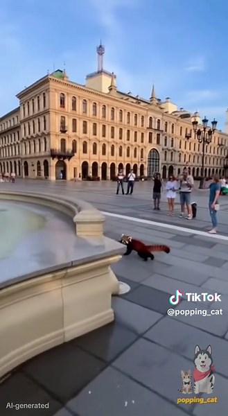 Watch this adorable Red Panda shredding it up on the world's biggest fountain! Tourists are going wild as it pulls off some insane skimboarding moves. Prepare to be amazed! #RedPandaAdventures #SkimboardPro #AnimalTalent #ViralPets #AIGC