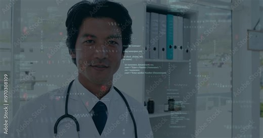 Dr facing camera as camera zooming and overlay animating across face, showing data for diagnosis