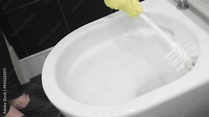 Housewife clean the toilet bowl with a brush and detergents.