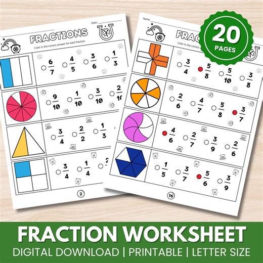 Fraction Worksheet | Color the Fraction to Match the Shapes | Math Printable | St. Patrick's Day Fraction Activity - Etsy