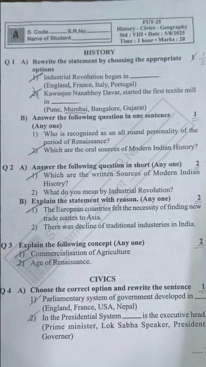 History and Geography question paper for unit1st #8th class